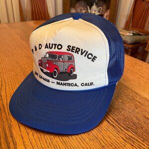 Vintage P & D Auto Service Manteca, California Blue/White Snapback Trucker Hat